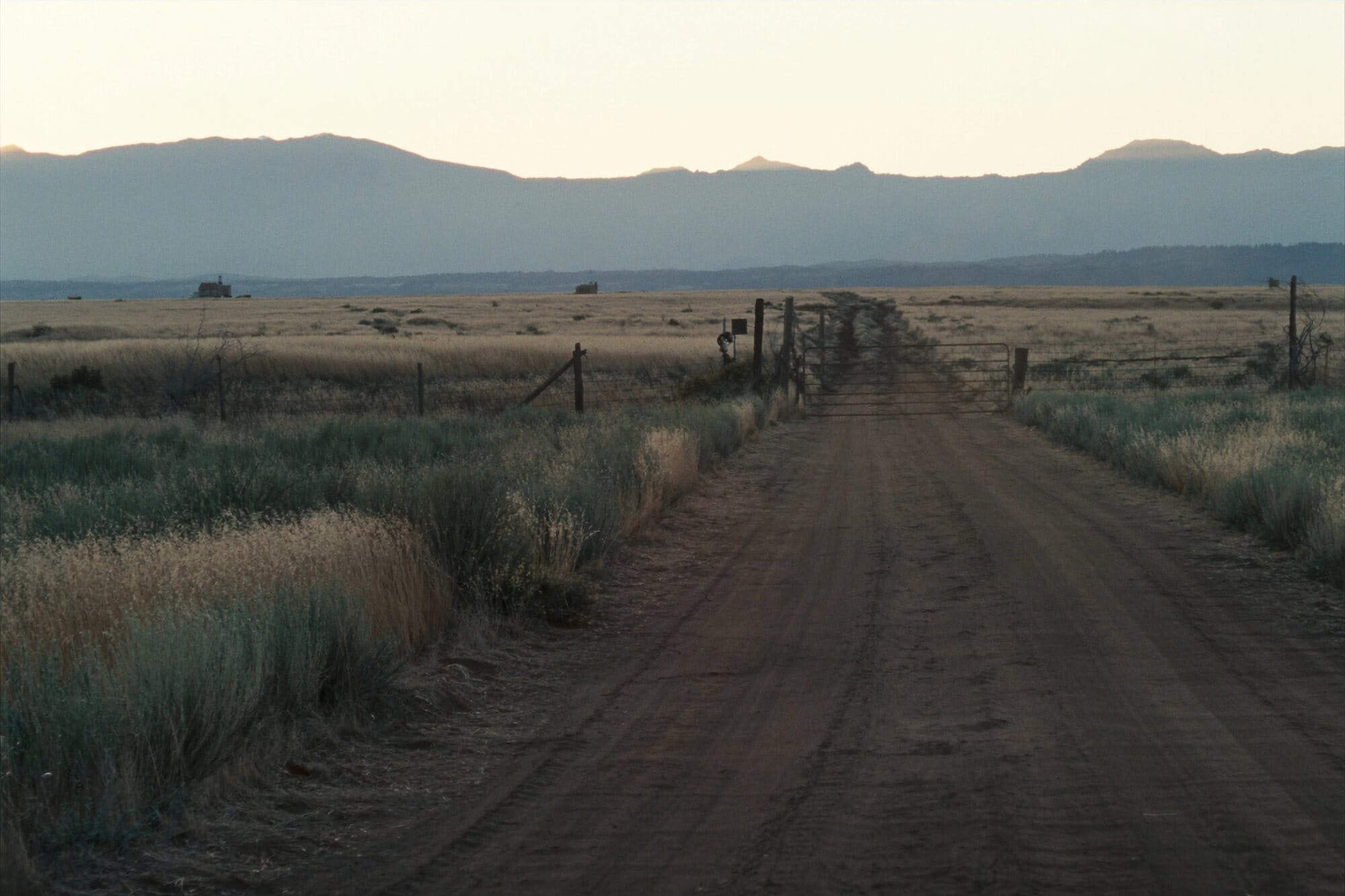 A dirt two-track ranch road running through an open gate toward distant blue mountains at dawn.